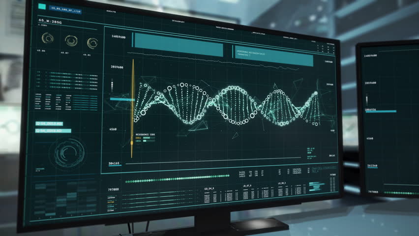 Computer screen. Biomedical software. Data on monitor. DNA sequence analysis. Advanced technology. Genetic engineering Science. Microscopic structure. Biotechnology Chemistry concept. UI - Powered by Shutterstock - Get 15% off with code: PIKWIZARD15