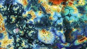 The video depicts a vibrant and colorful abstract digital artwork. A camera flying through an intricate and complex structure