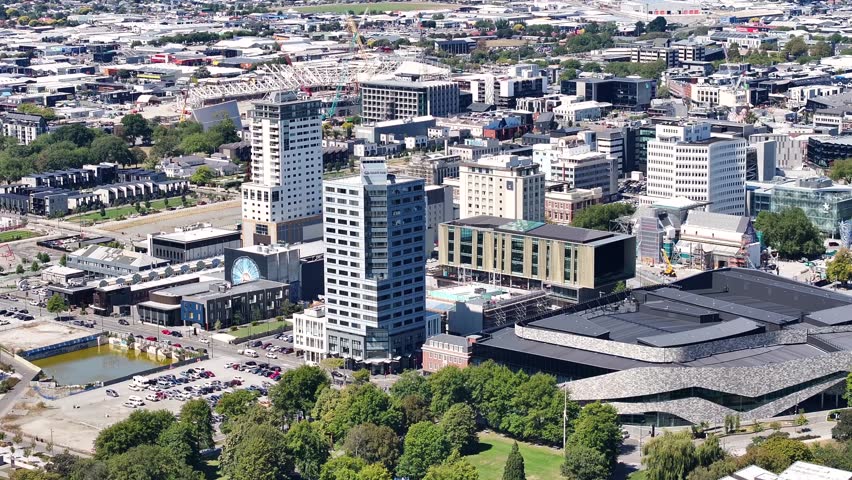 Tall office buildings, Victoria Square, Te Pao and Cathedral Square in Christchurch, New Zealand.