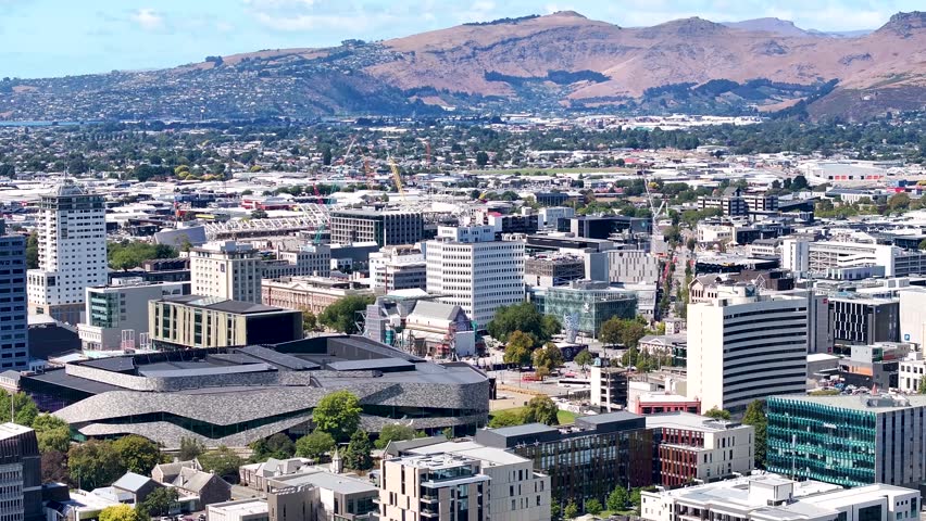 Te Pae Christchurch Convention Centre and other buildings in city centre. Aerial cityscape.