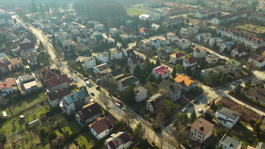 Housing Estate Chwarzno On Sunny Day In Gdynia, Poland. aerial shot