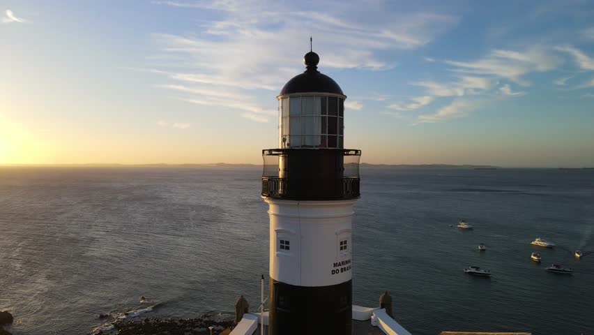 Amazing Aerial Drone Circling Around Beautiful Lighthouse In Salvador ,Bahia, Brazil. Barra Lighthouse