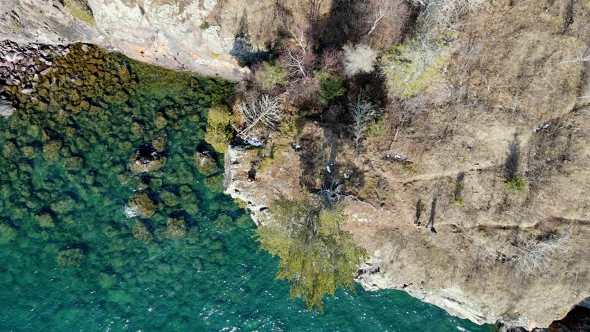 Aerial view of high the Tettegouche State Park and the waves break in cliff. Lake Superior North Shore.