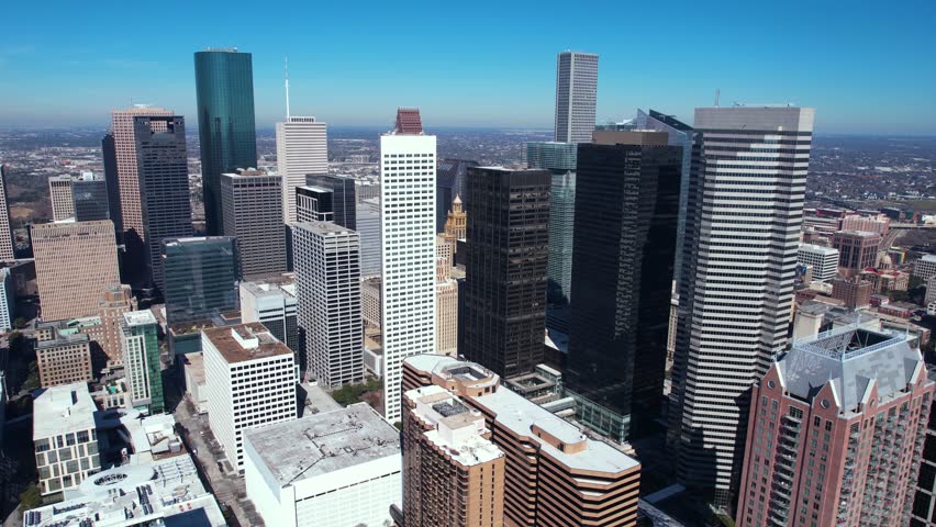 Houston TX USA Downtown Skyscrapers, Aerial View of Financial District Towers on Sunny Day