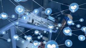 Animation of network of connections with icons over biracial businesswoman in office. Global finance, business, connections, computing and data processing concept digitally generated video. - Powered by Shutterstock - Get 15% off with code: PIKWIZARD15