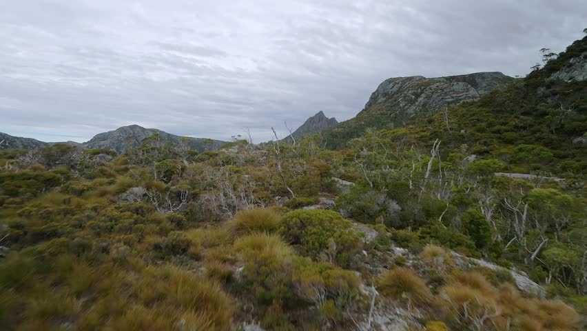 Forward drone shot of Cradle mountain in Tasmania, Australia.