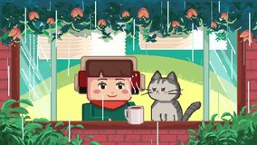 
Lo-fi girl and cat enjoying hot coffee on a rainy day.Pixel art 8 bit. Seamless loop. 3D animation.