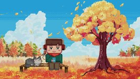 
The girl sat and listened to relaxing music with her cat, enjoying the autumn atmosphere. Pixel art 8 bit. Seamless loop. 3D animation.