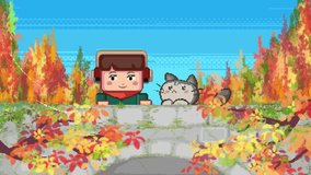 Girl wearing headphones and cat on the bridge looking at the beautiful scenery. Pixel art 8 bit. Seamless loop. 3D animation.