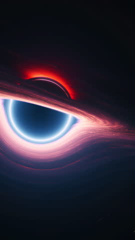Interstellar black hole in outer cosmos. Giant singularity with glowing rotating accretion disk. Vertical 3d animation tracking wide shot. Cosmos around wormhole warps in curved space and space-time.