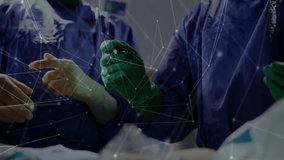 Animation of connections over diverse surgeons. Global medicine, connections, computing and data processing concept digitally generated video.