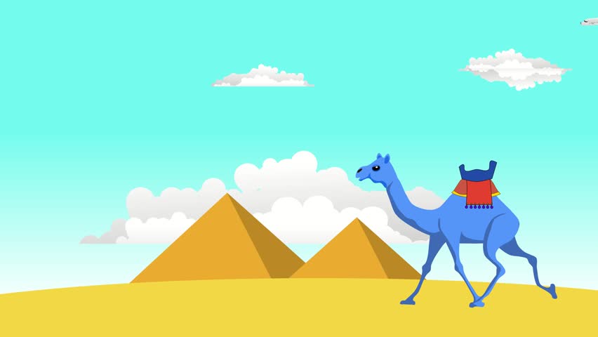 blue camel walking in the egypt pyramids animation cartoon