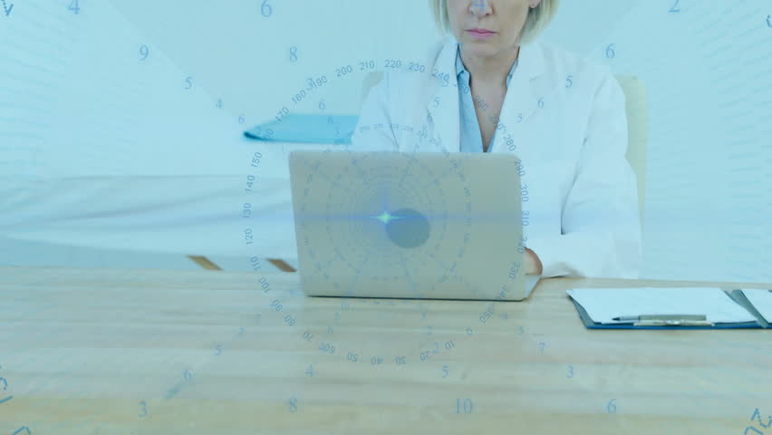 Animation of data processing connections over caucasian female doctor using laptop. Global medicine, connections, computing and data processing concept digitally generated video.