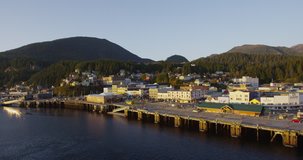 Alaska City of Ketchikan - Cruise ship destination in Alaska Inside Passage. Beautiful Alaskan sunset in Ketchikan city and harbor as seen from cruse ship. RED EPIC SLOW MOTION.