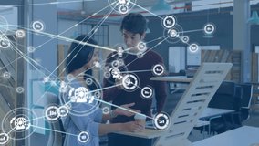 Animation of network of connections with globe icons over diverse business people in office. Global finance, business, connections, computing and data processing concept digitally generated video. - Powered by Shutterstock - Get 15% off with code: PIKWIZARD15