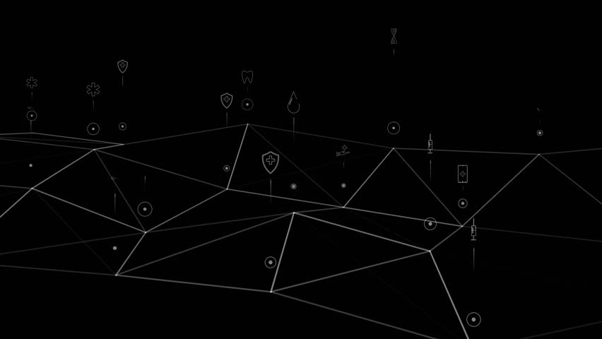 Polygonal network on a black background with symbols of medical themes and health care. Cg - Powered by Shutterstock - Get 15% off with code: PIKWIZARD15