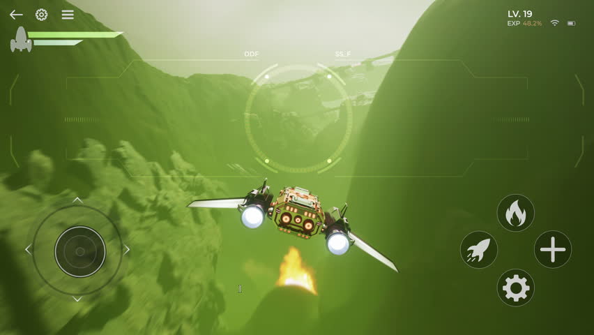 Playing the newest mobile phone application video game. Player controlling the spaceship in the mobile app. Player using the spacecraft to explore the alien planet map in a mobile app. Hobby.