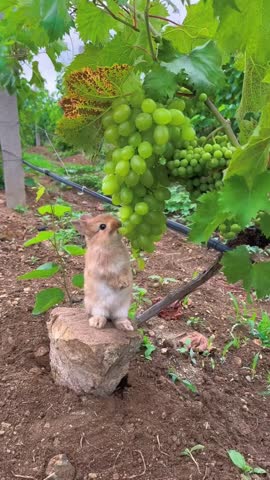 A curious bunny enjoys grapes, gently taking each bite. This intimate close-up captures its delicate nibbling and sparkling eyes, offering a glimpse of joy. Royalty-Free Stock Footage #3461012457