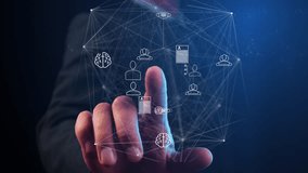 Cg footage about the need to protect health around the world. Polygonal sphere with medical symbols against the backdrop of a moving world map and a blurred businessman symbol pointing at it - Powered by Shutterstock - Get 15% off with code: PIKWIZARD15