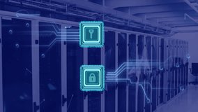 Animation of digital data processing, padlock and key icons, circuit board and computer servers. Global cyber security, connections, computing and data processing concept digitally generated video. - Powered by Shutterstock - Get 15% off with code: PIKWIZARD15