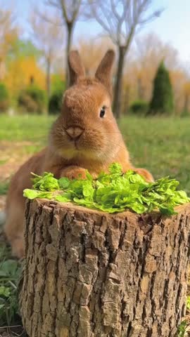 A charming bunny delicately munches on green leaves; its gentle bites are a dance of joy. Amidst a soft-focused natural backdrop, it embodies serenity. Royalty-Free Stock Footage #3461019489