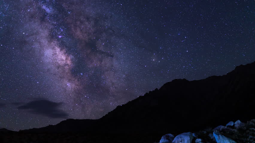 Milky Way Galaxy 35mm South Sky Tilt Up Over Camp Mt Whitney Purple Sierra Nevada California USA Time Lapse Royalty-Free Stock Footage #3461022359