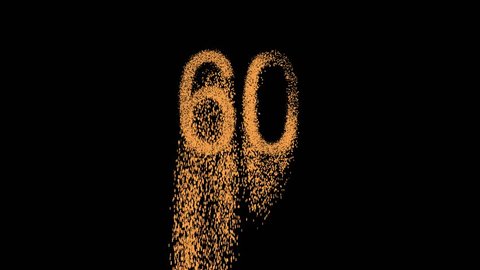 number sixty 60 appears from the sand, then crumbles. Alpha channel Premultiplied - Matted with color black