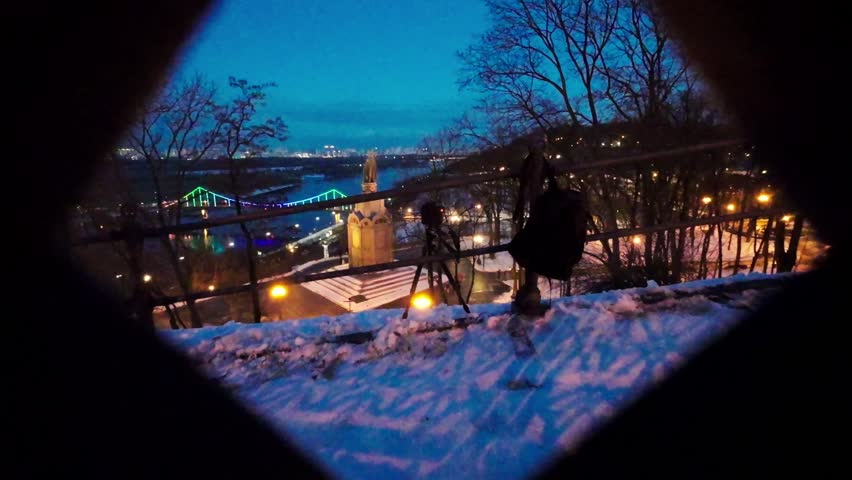 Volodymyrska Hill with a view of Kyiv and the Dnieper River. The monument of St. Volodymyr was built in 1853