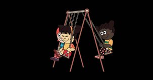 Three diverse girls on a swing, cell cartoon style animated loop, (African-Asian-European lineup)