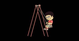 Darkhaired boy of Asian ethnicity on a swing, cell cartoon style animated loop