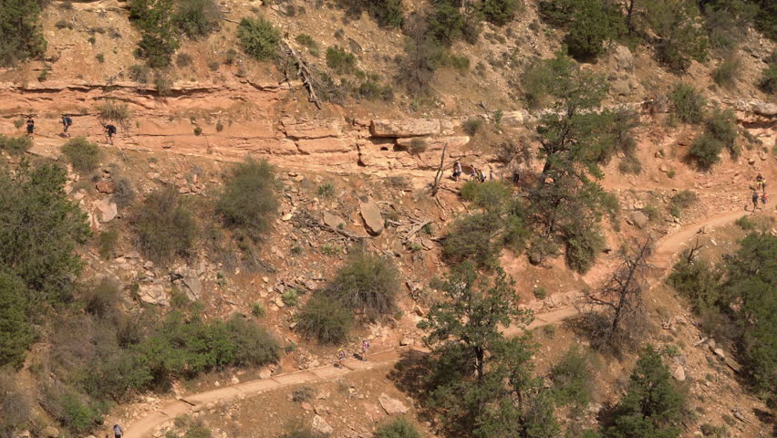 Grand Canyon South Rim Hikers on Bright Angel Trail Switchbacks Arizona USA