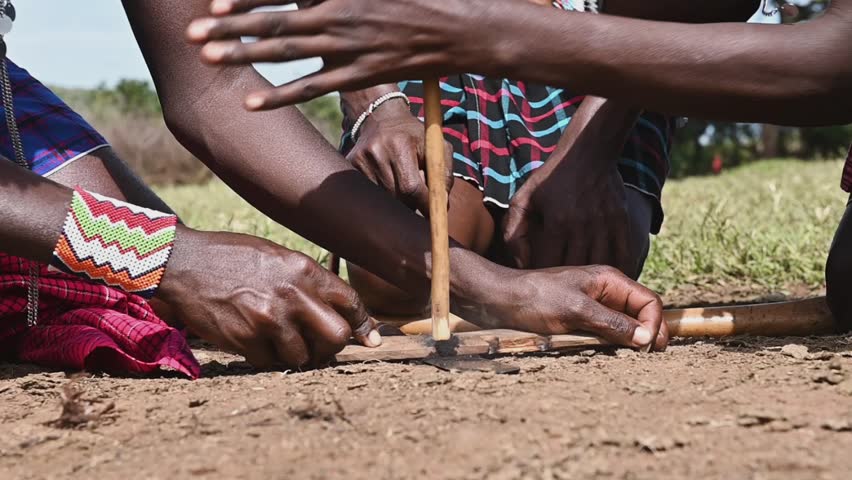 Maasai Men lighting fire the traditional way