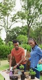 Vertical video of happy african american couple planting herbs. Lifestyle, relationship, spending free time together concept.