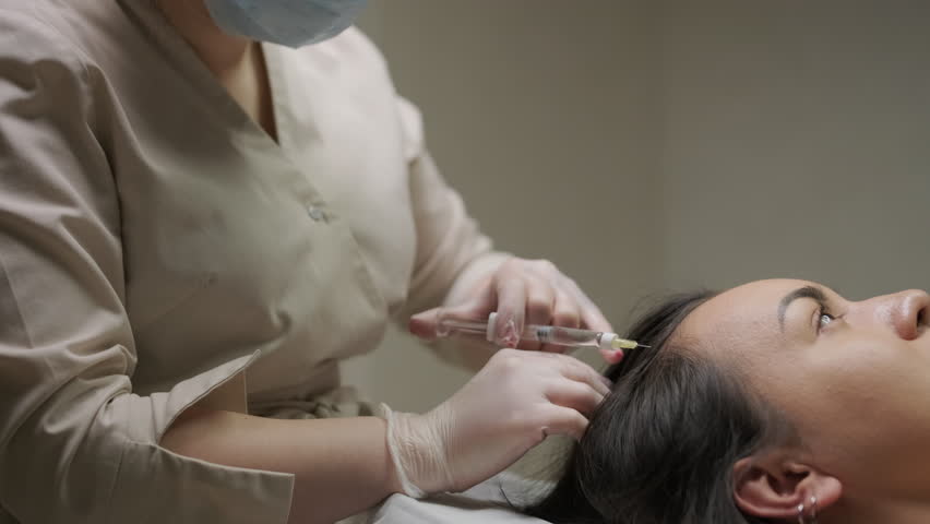 Platelet rich plasma injection procedure. Hair growth stimulation. PRP therapy process.