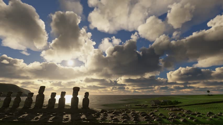 3D - Aerial drone view of the Moai on Easter Island. Chile