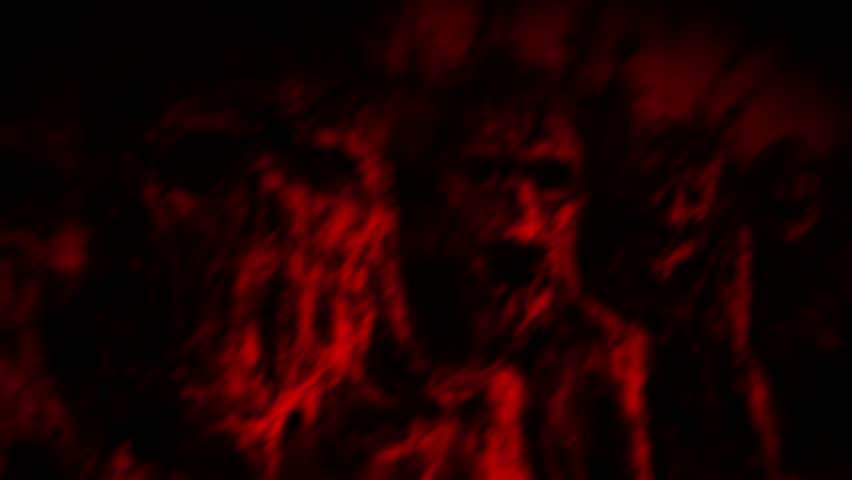 Grim man walks through the hall with mummies standing. Temple of darkness in horror genre. Scary 2D animation. Forgotten ruins with scary ghosts inside. Abandoned places in the dark. Ancient cult.