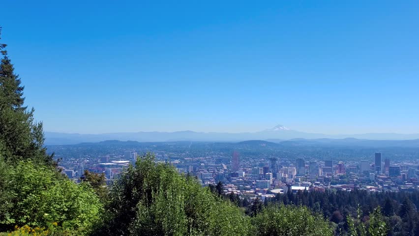 Portland downtown panorama, Columbia River and Mount Hood from Pittock Mansion. Royalty-Free Stock Footage #3461561847