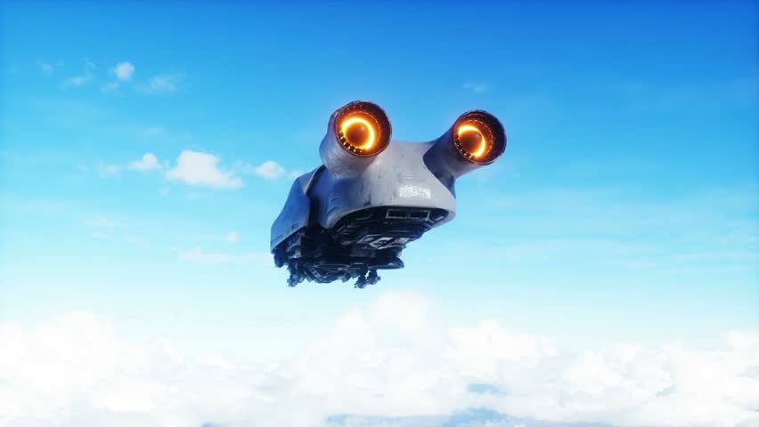 military futuristic ship fly in the clouds. Invasion.