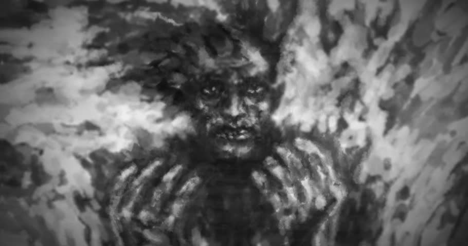 Dark shaman pierces himself with ritual dagger. Falling man into trance and experiencing horrible hell visions. Dead evil king sits in throne room. Scary 4k animated footage, 2D cartoon, vj loop, fx. 