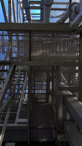 Steel construction of modern factory. Modern storehouse construction with metal structures of frame. Structural steel structure of new commercial building. Vertical video