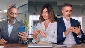 Collage diverse mature mix businessman, businesswoman working online on digital tablet pc app standing in office. 40s mature businesspeople, business man, entrepreneur woman using technology device - Powered by Shutterstock - Get 15% off with code: PIKWIZARD15