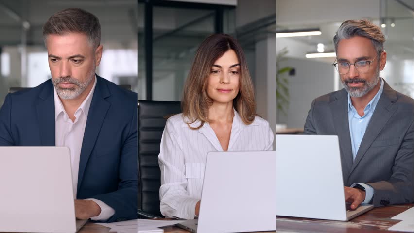 Collage diverse mature mix businessman, businesswoman working online on digital laptop pc app sitting table in office. 40s mature businesspeople, business man, entrepreneur woman using work computer  Royalty-Free Stock Footage #3461667361