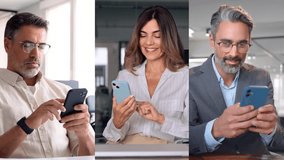 Collage diverse mature mix businessman, businesswoman working online on digital mobile phone app sit in office. 40s mature businesspeople, business man, woman entrepreneur using smartphone cell device - Powered by Shutterstock - Get 15% off with code: PIKWIZARD15