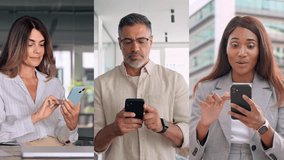 Collage diverse mature happy smiling businessman, businesswoman working online on digital mobile phone app in office. 40s businesspeople, business man, woman entrepreneur using smartphone cell device - Powered by Shutterstock - Get 15% off with code: PIKWIZARD15