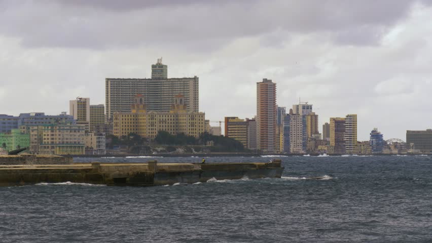 Havana skyline and famous Malecon seawall in Cuba. Cityscape of Havana, Cuba capital city and Malecon promenade, Bahia de la Habana bay. View of city and ocean from old fort, Havana, Cuba. Slow motion