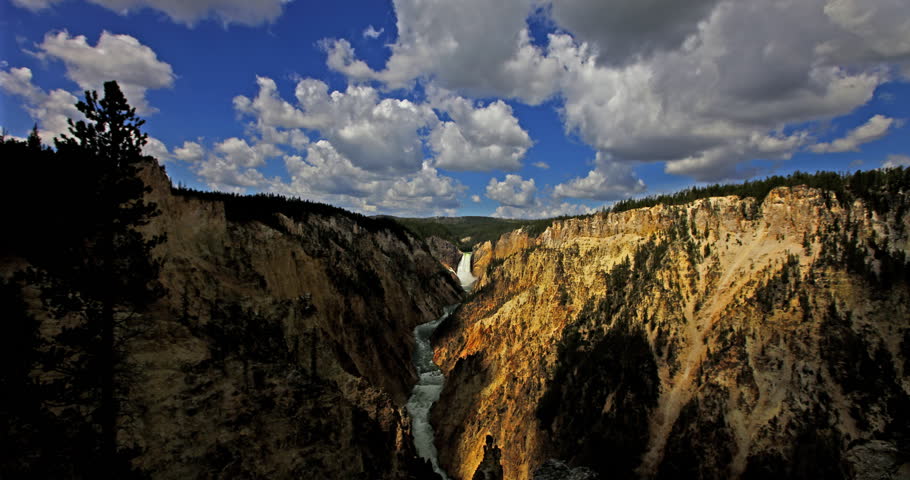 River and valley Yellowstone, Yellowstone National Park,Wyoming, Montana and Idaho, Yellowstone Falls and canyon with puffy clouds