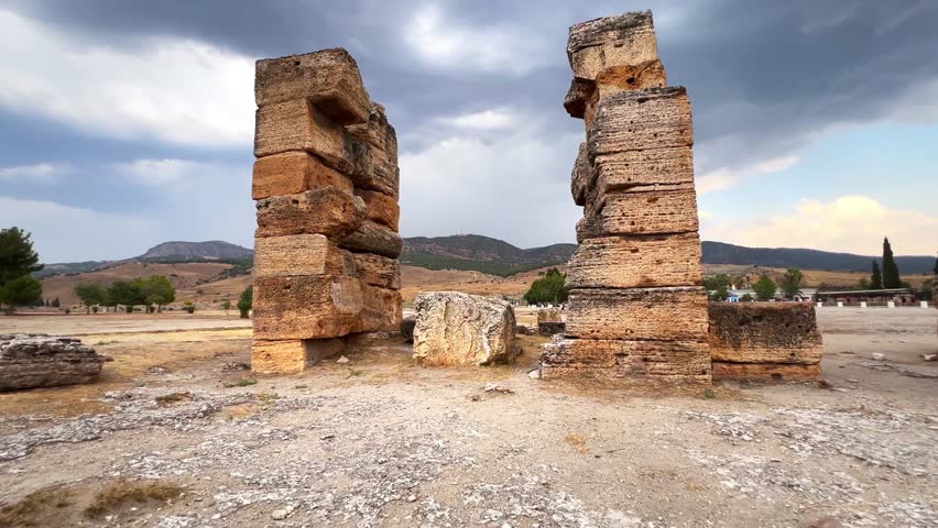 Ruins of ancient Hierapolis City in the Pamukkale. Close up. Dramatic view of walking towards stone columns in sunset. Unesco world heritage site in Denizli, Turkey
