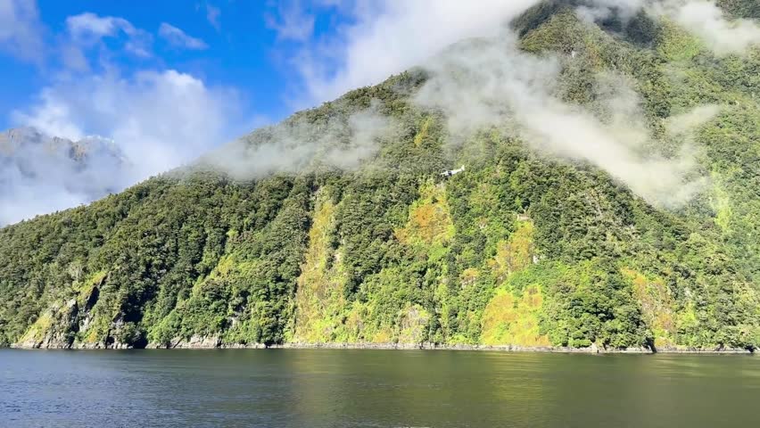 Milford Sound Fiordlands National Park New Zealand, Boat Cruise through the Milford Sound, Mitre Peak, Rainforests Waterfalls Milford Discovery Centre Underwater Observatory New Zealand Scenery Royalty-Free Stock Footage #3462062965