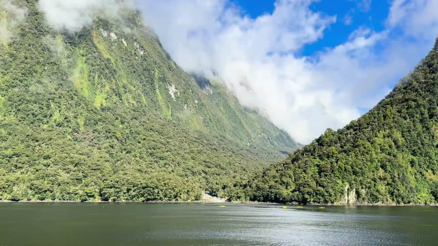 Milford Sound Fiordland National Park New Zealand, Boat Cruise Sightseeing Experience  Mitre Peak Rainforests Waterfalls Cliffs Mountains Hills Peaks Valley Sailing Tourists Tourism Views Sights NZ Royalty-Free Stock Footage #3462067217