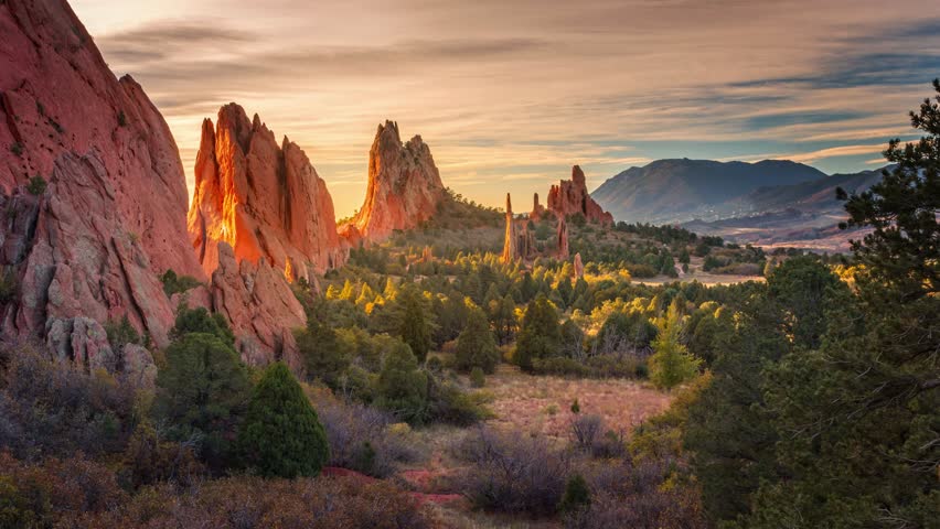 The famous sandstone mountains, at the Garden of the Gods, on a sunny evening, in Colorado springs, USA

